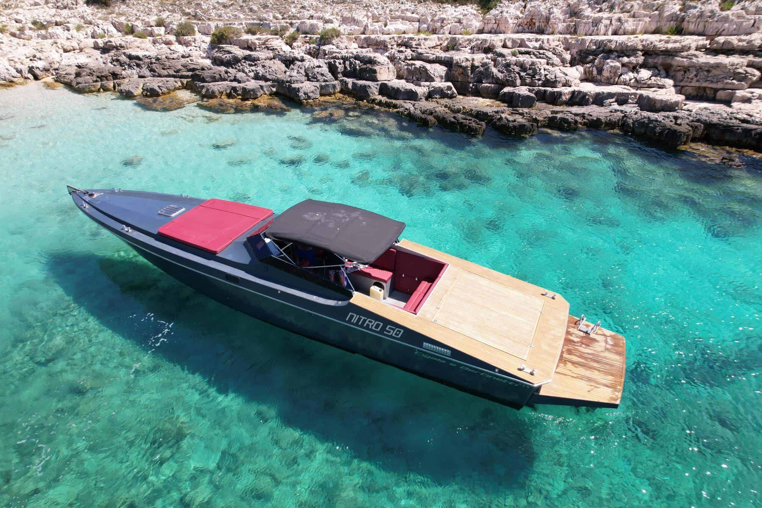 Mario rent Nitro boat, 1500 hp, docked in a bay on Pakleni islands Hvar